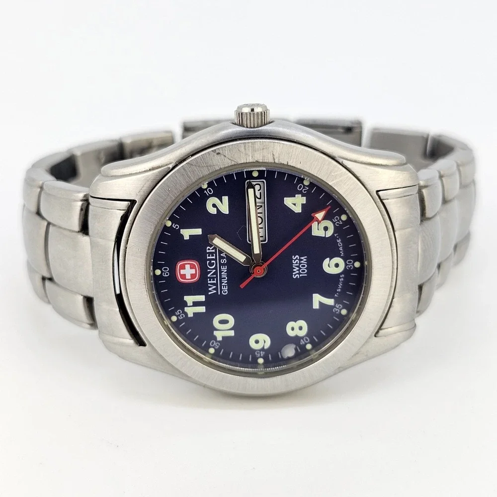 Wenger SKA Watch Men 38MM Blue Dial Day Date Gray Band 6